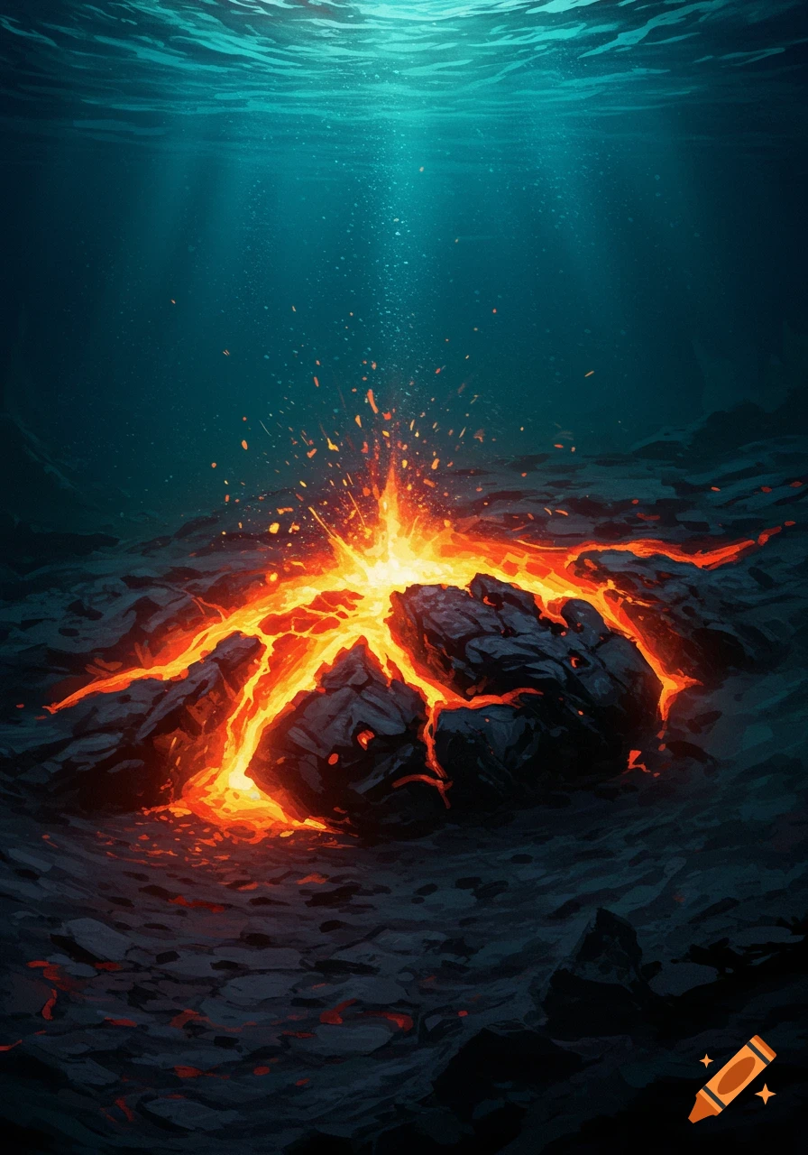 An underwater volcano erupting, showing molten lava on the ocean floor.