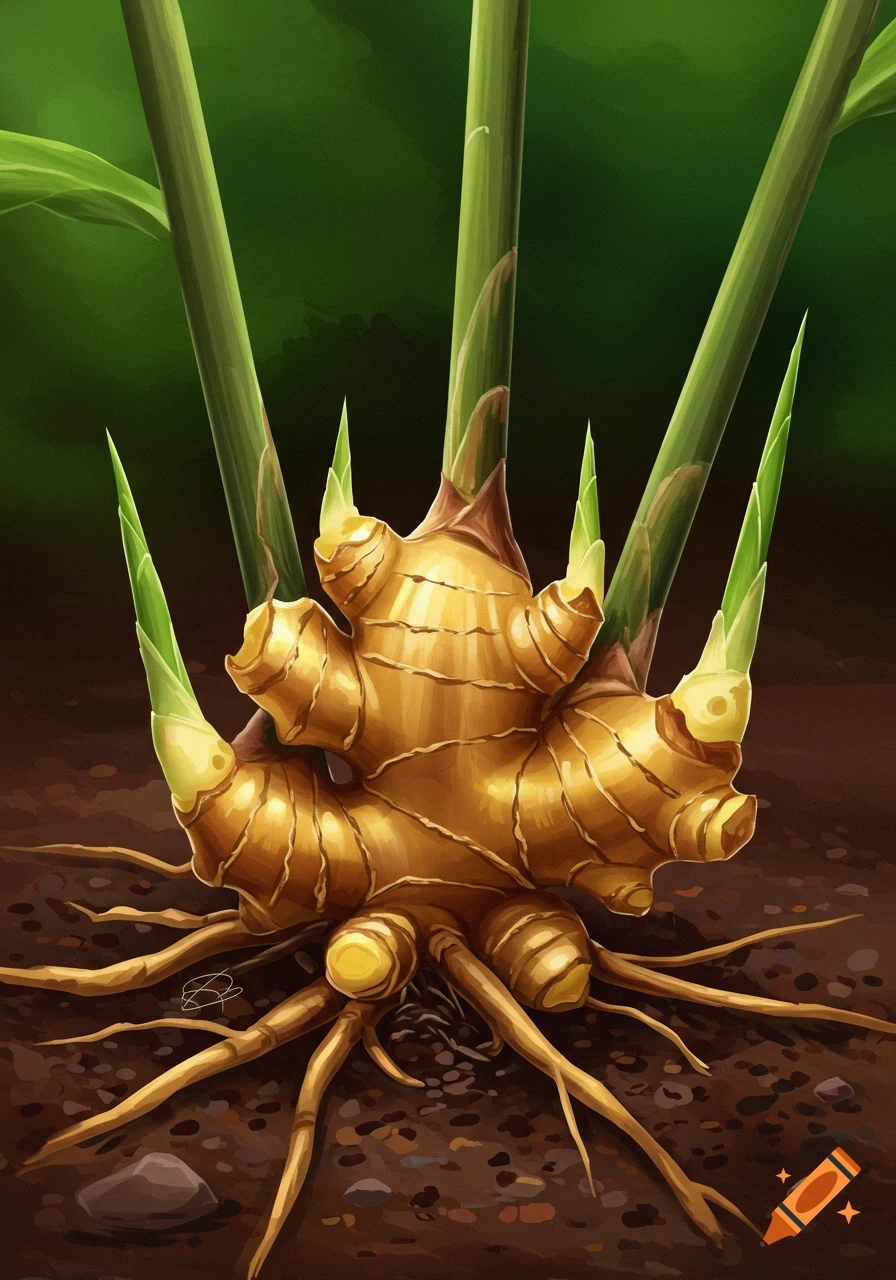 Ginger rhizome and stems are shown growing in soil.