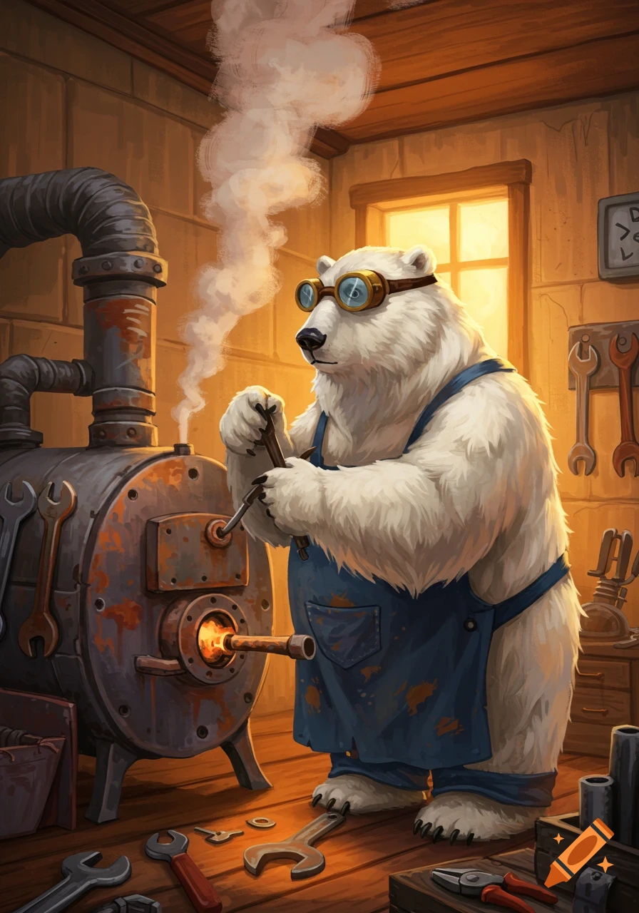 A polar bear wearing goggles and an apron is fixing a boiler in a workshop.
