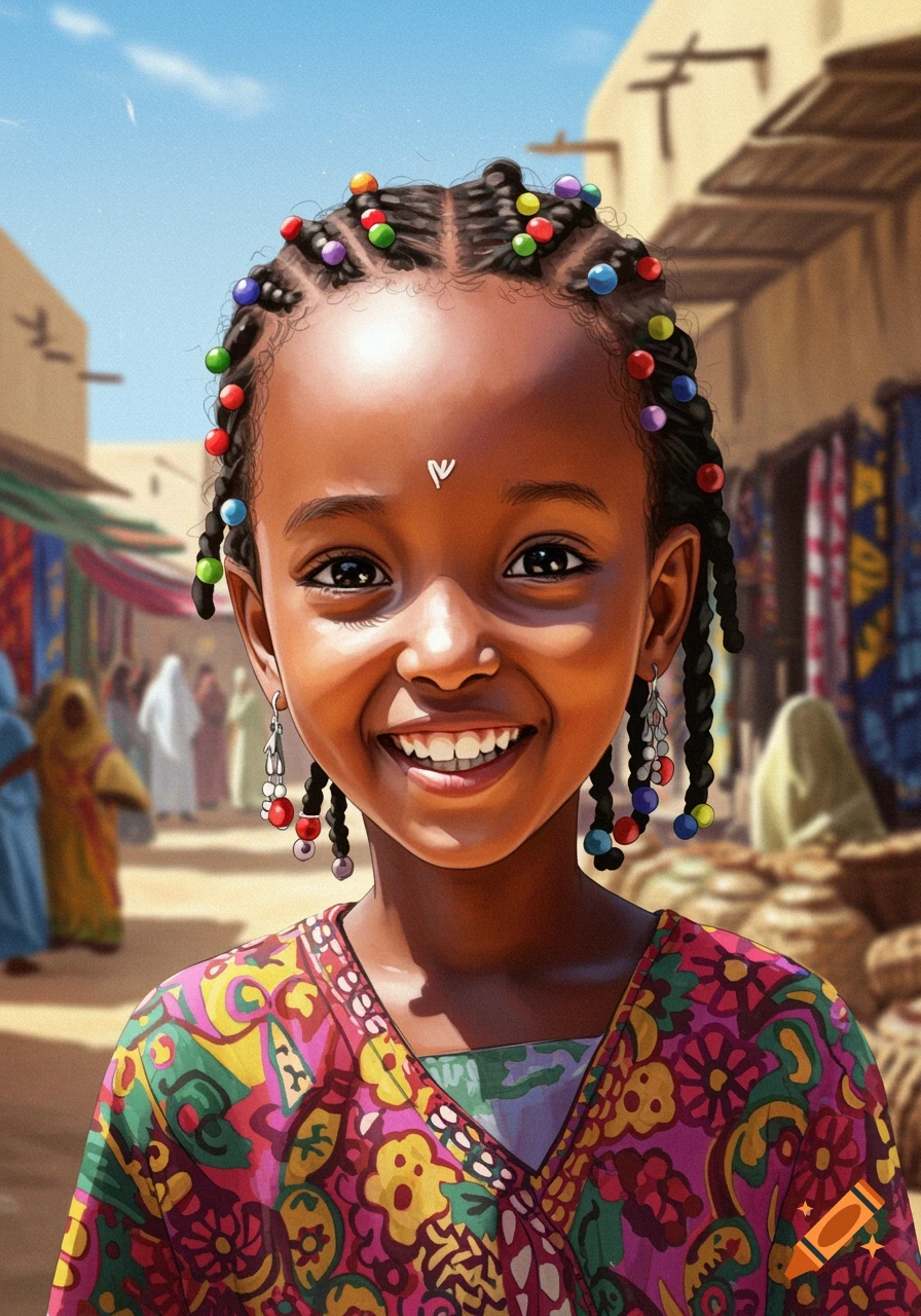 A young girl with braided hair and colorful beads smiles in a bustling marketplace.