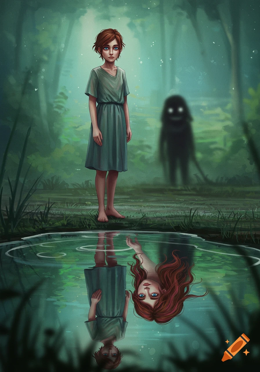 A girl stands by water in a forest, with a different reflection and a dark figure behind her.