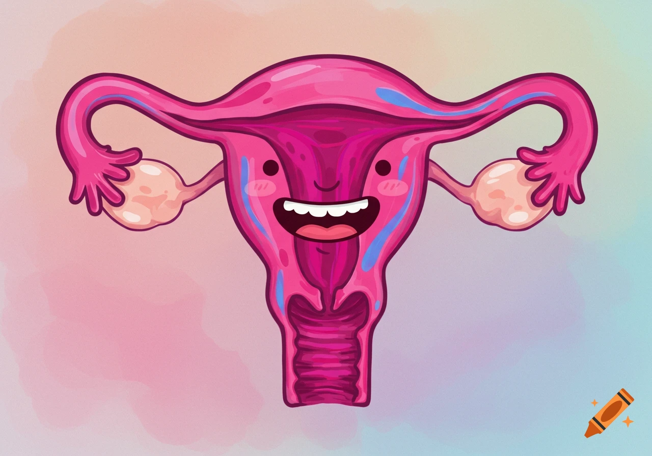 Cartoon of a happy uterus with a face and arms