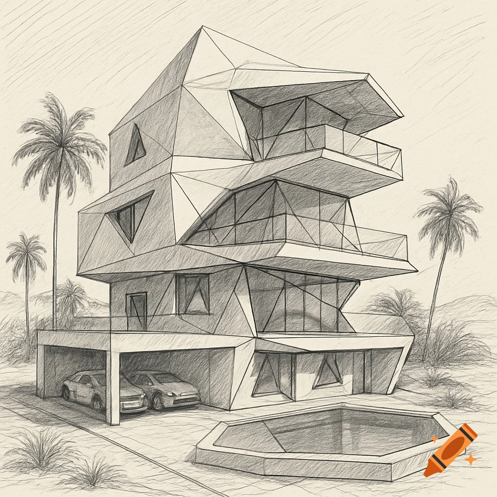 Architectural sketch of a modern geometric beach house with angular forms, balconies, a carport, and pool, surrounded by palm trees and dunes.