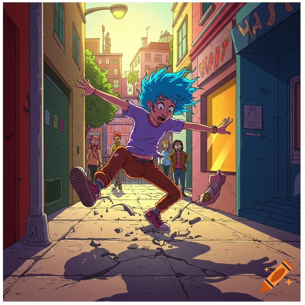 A person with blue hair trips on a cracked sidewalk in a brightly lit cartoon city street.