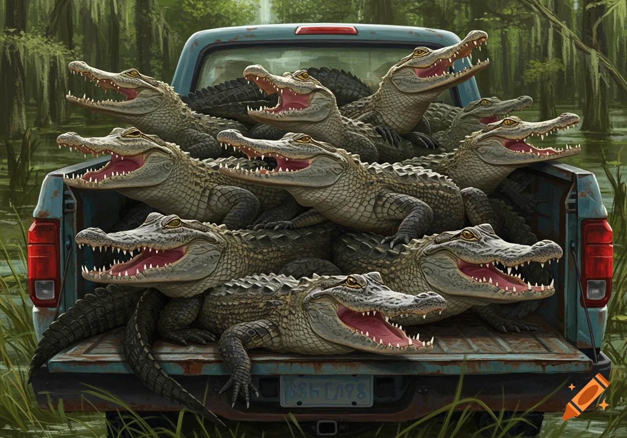 Multiple alligators packed into the back of a pickup truck in a swamp.
