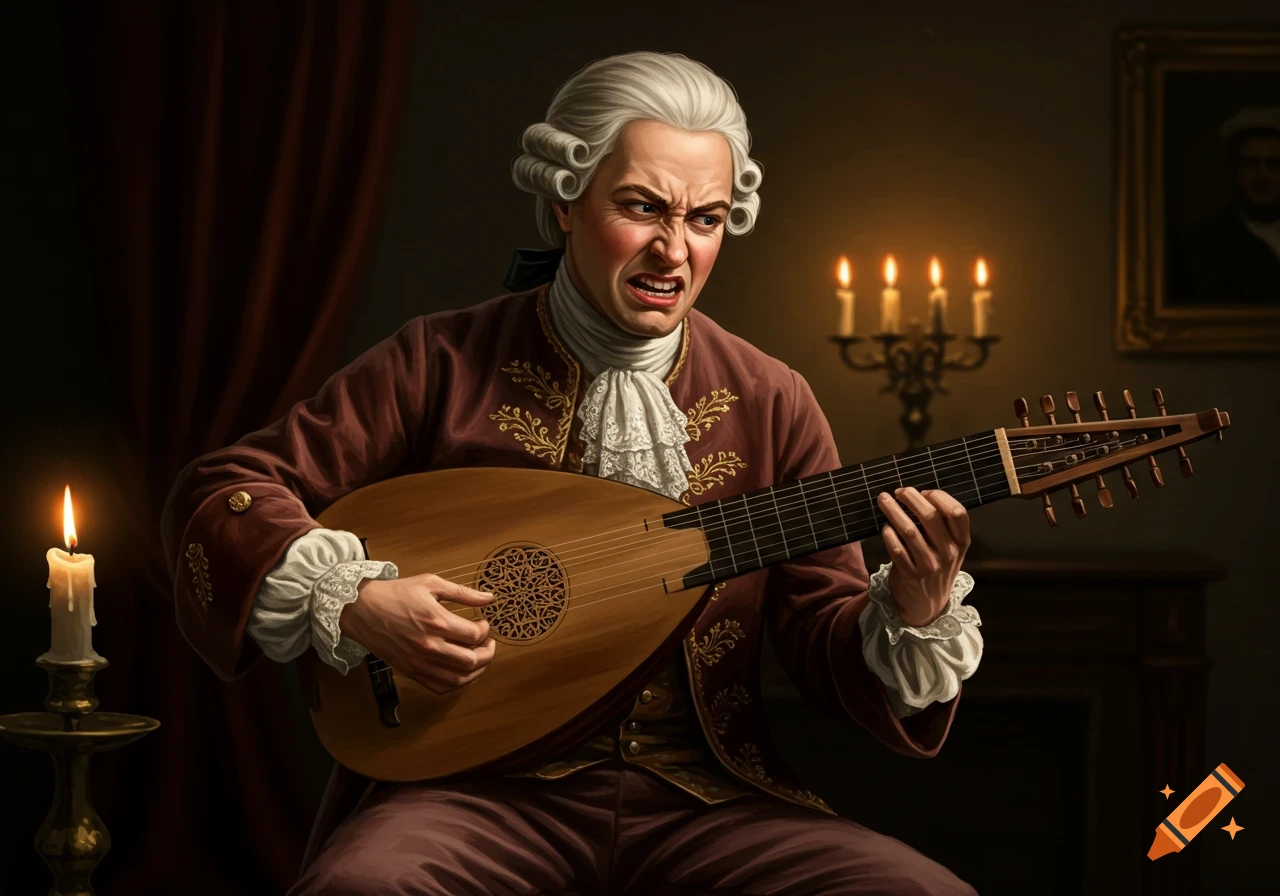 A man in 18th-century attire intensely plays a lute by candlelight.