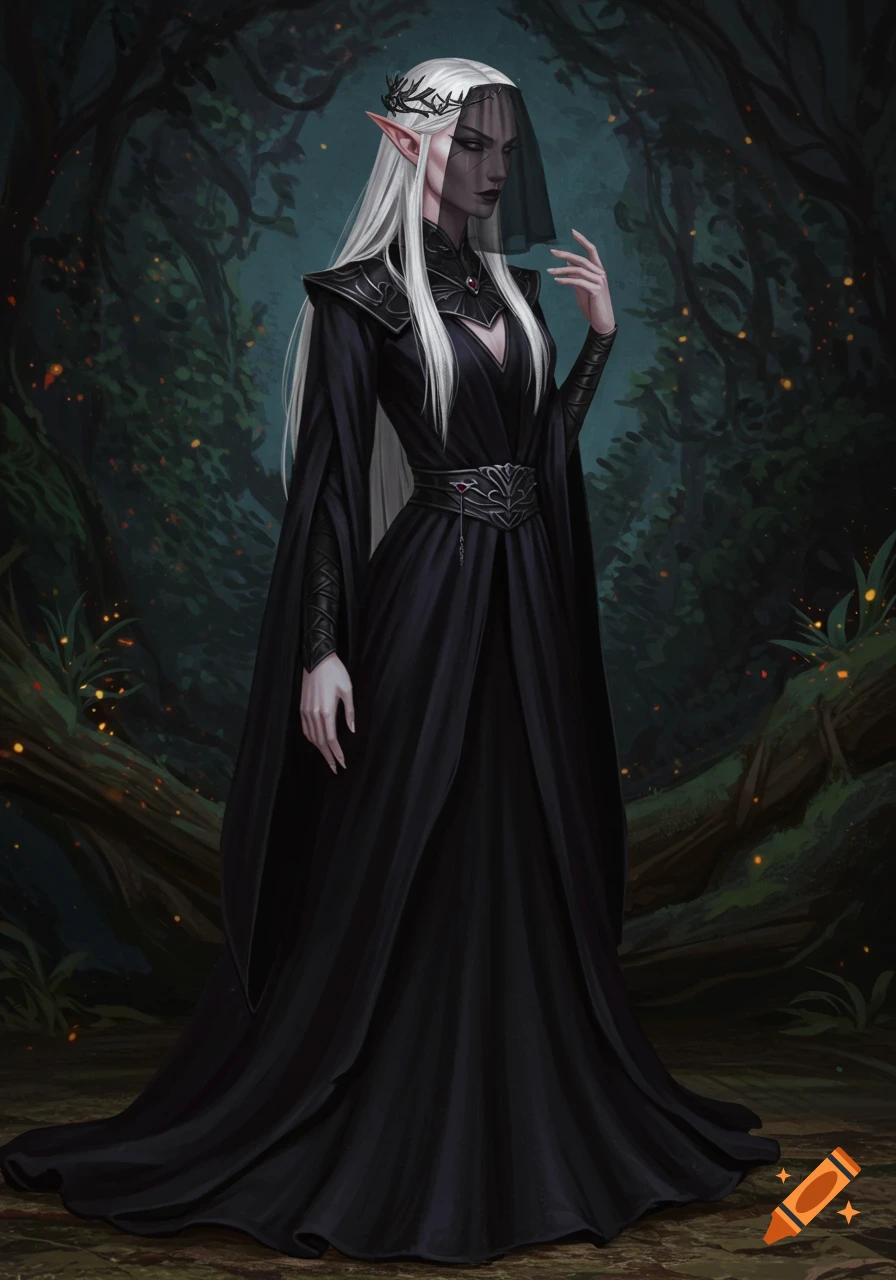 A dark elf woman with white hair wears a black dress and veil in a forest.