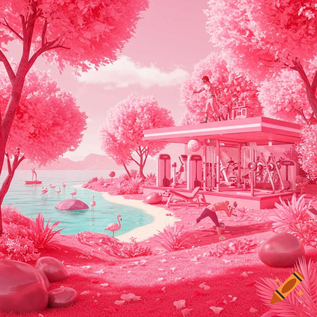 Bright pink surreal scene of a gym on a beach with people exercising and flamingos in the water.
