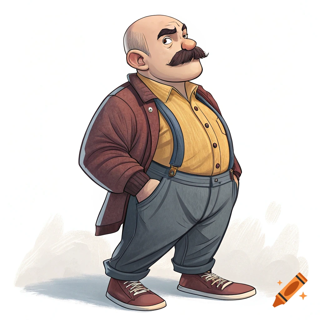 Illustration of a stout man with a large mustache, wearing a jacket, shirt, suspenders, and pants.