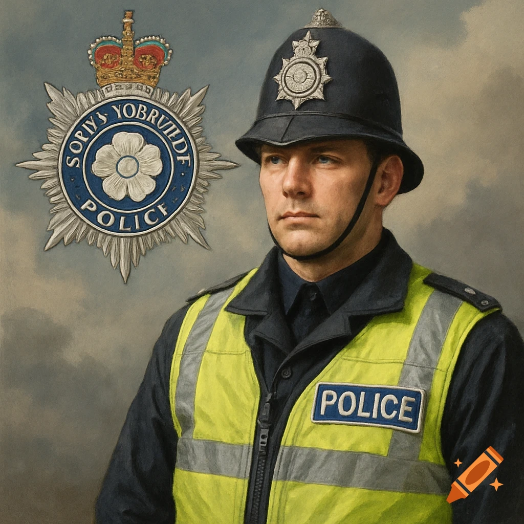 A portrait of a police officer in uniform and helmet with a large badge.