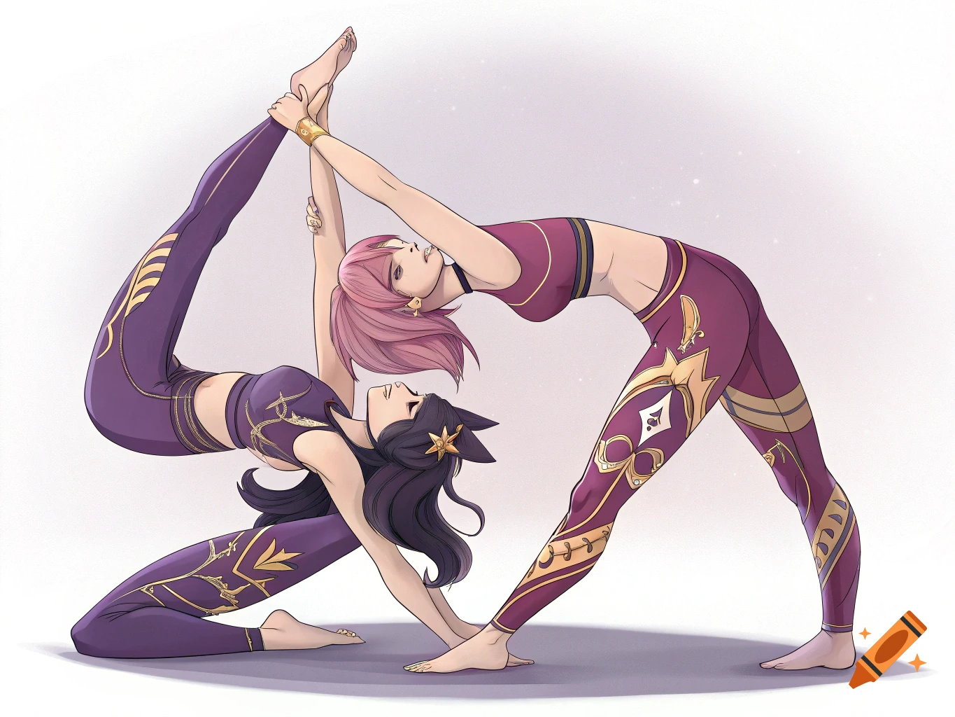 Anime illustration of two characters in athletic wear performing a two-person yoga pose.