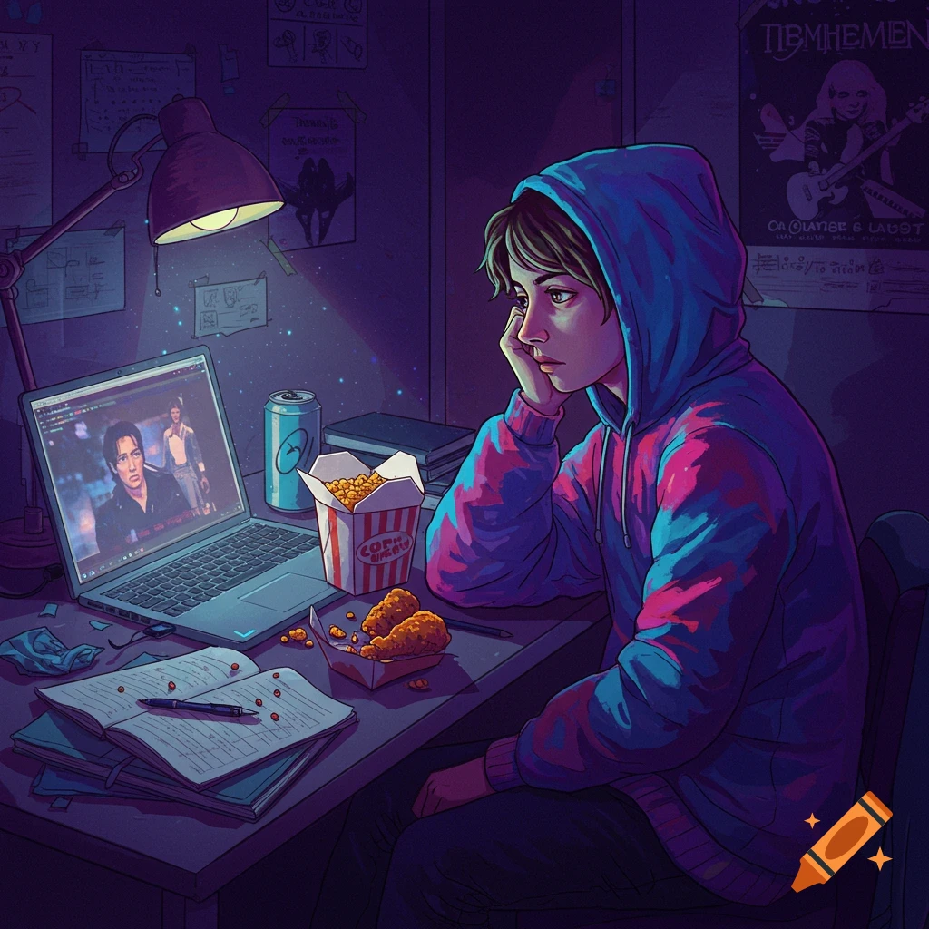 A person in a hoodie is watching a movie on a laptop at a desk.