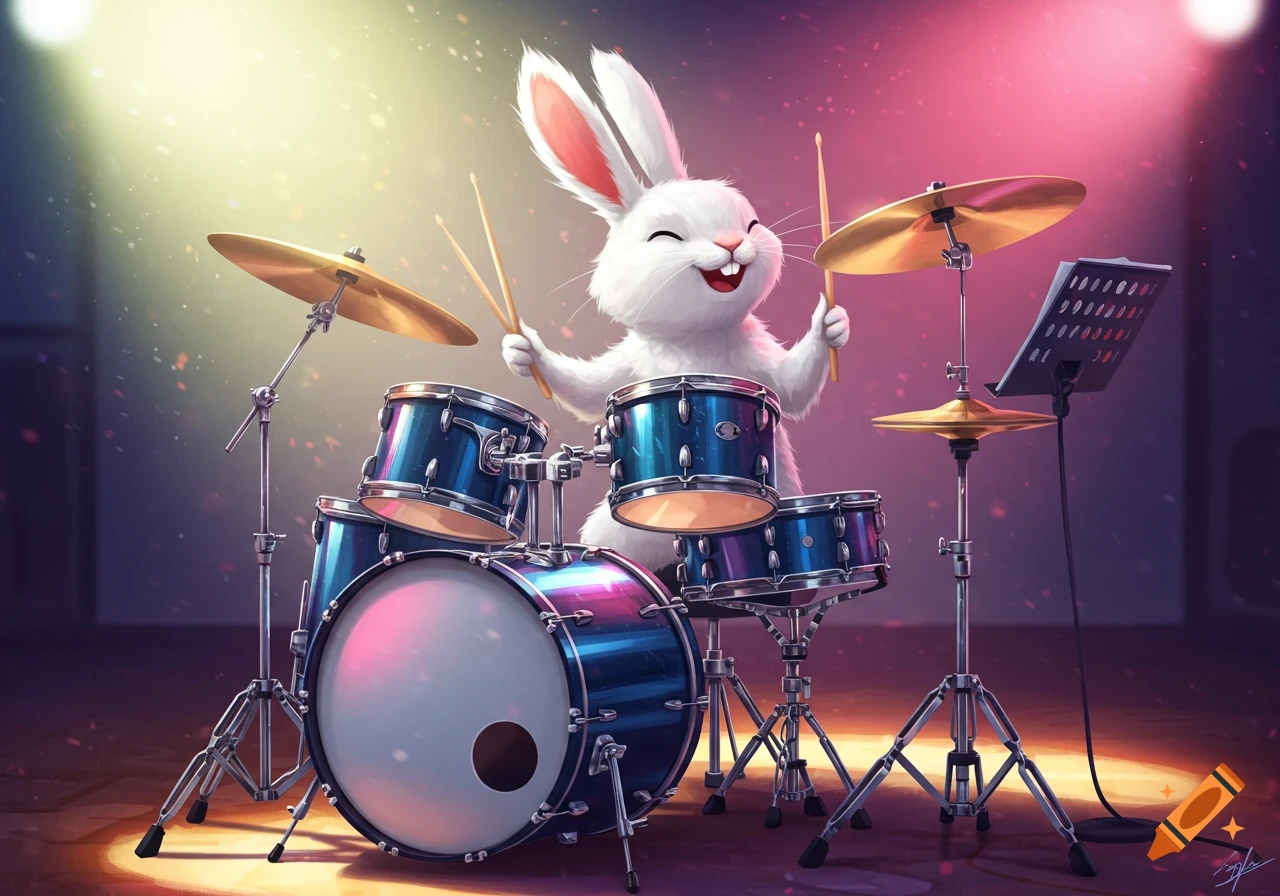 A white bunny playing a drum set under stage lights.