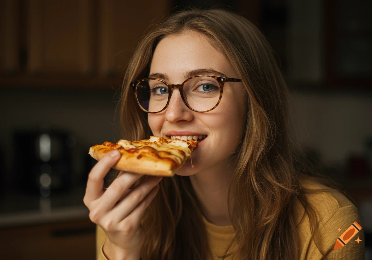 Young woman with glasses eating a slice of pizza.