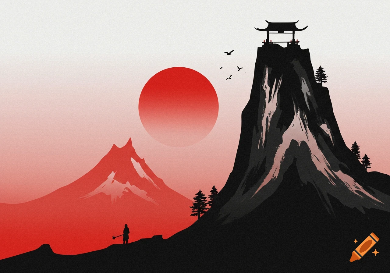 Minimalist scene of a red sun over dark mountains with a figure and building