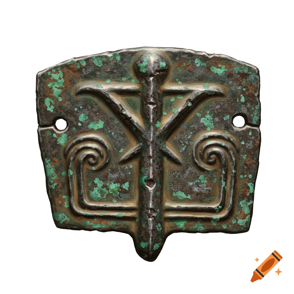 An ancient primitive iron artifact with green patina and a central symbol design on a white background.