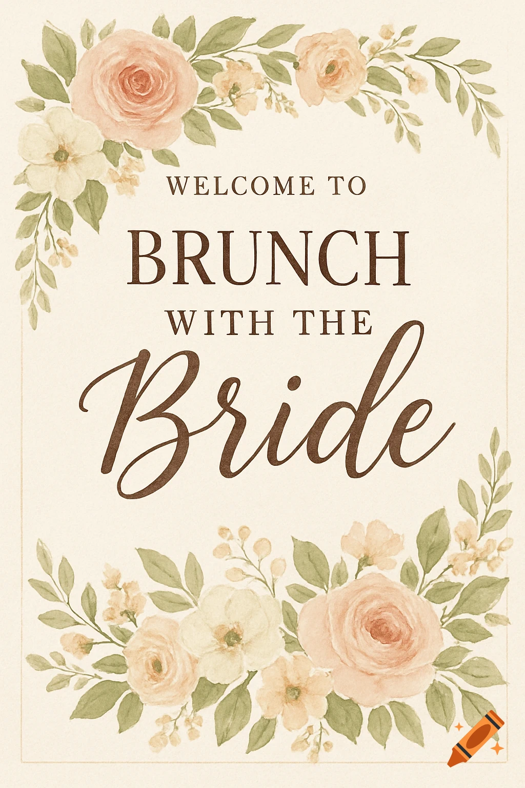Watercolor floral border around text reading 'WELCOME TO BRUNCH WITH THE Bride'