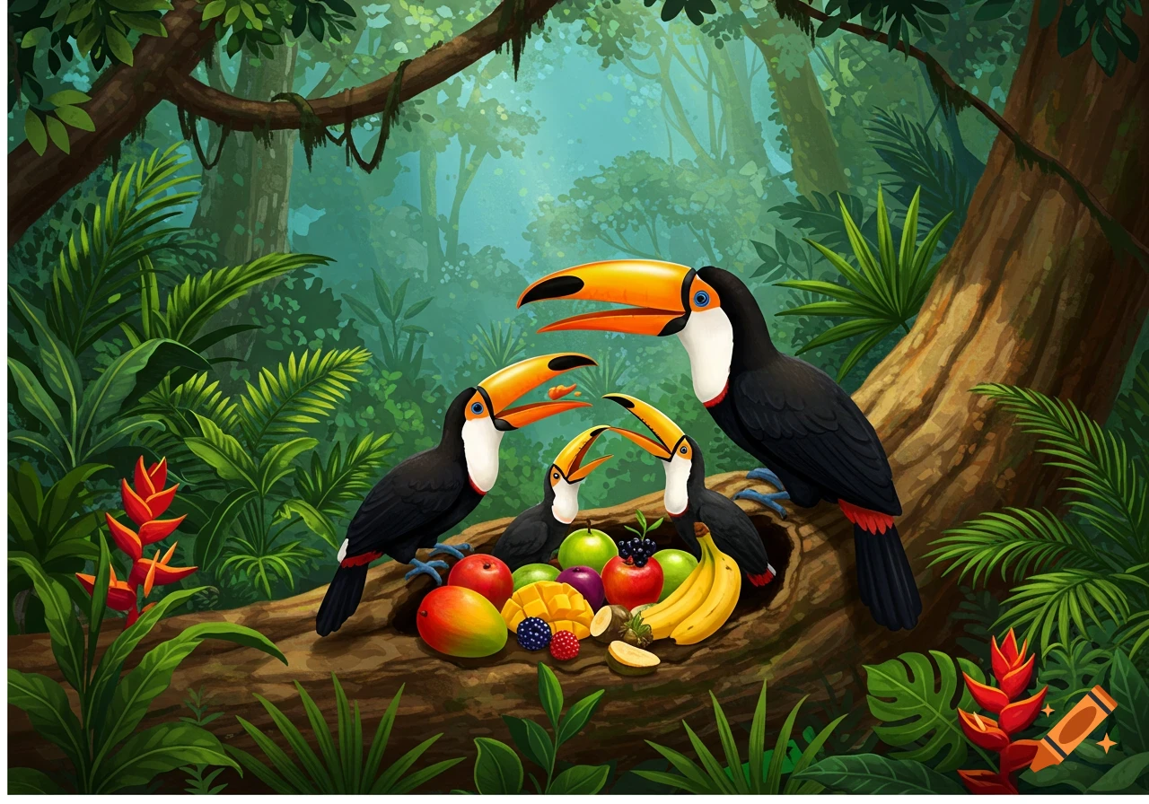 Several toucans gathered around fruit on a log in the jungle.