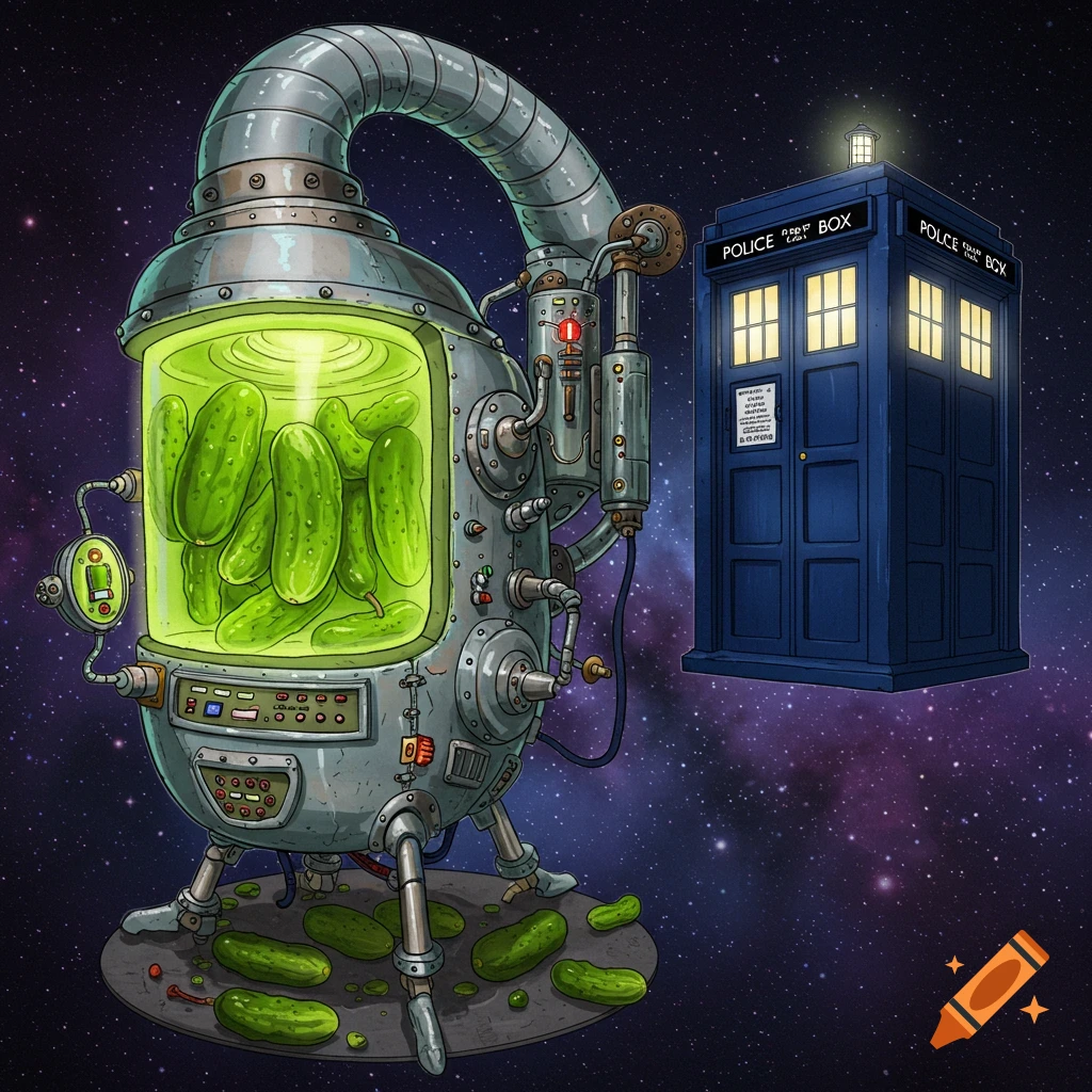 A large machine with glowing pickles inside, standing on a platform in space next to a blue Police Box (TARDIS). Pickles are scattered on the platform.