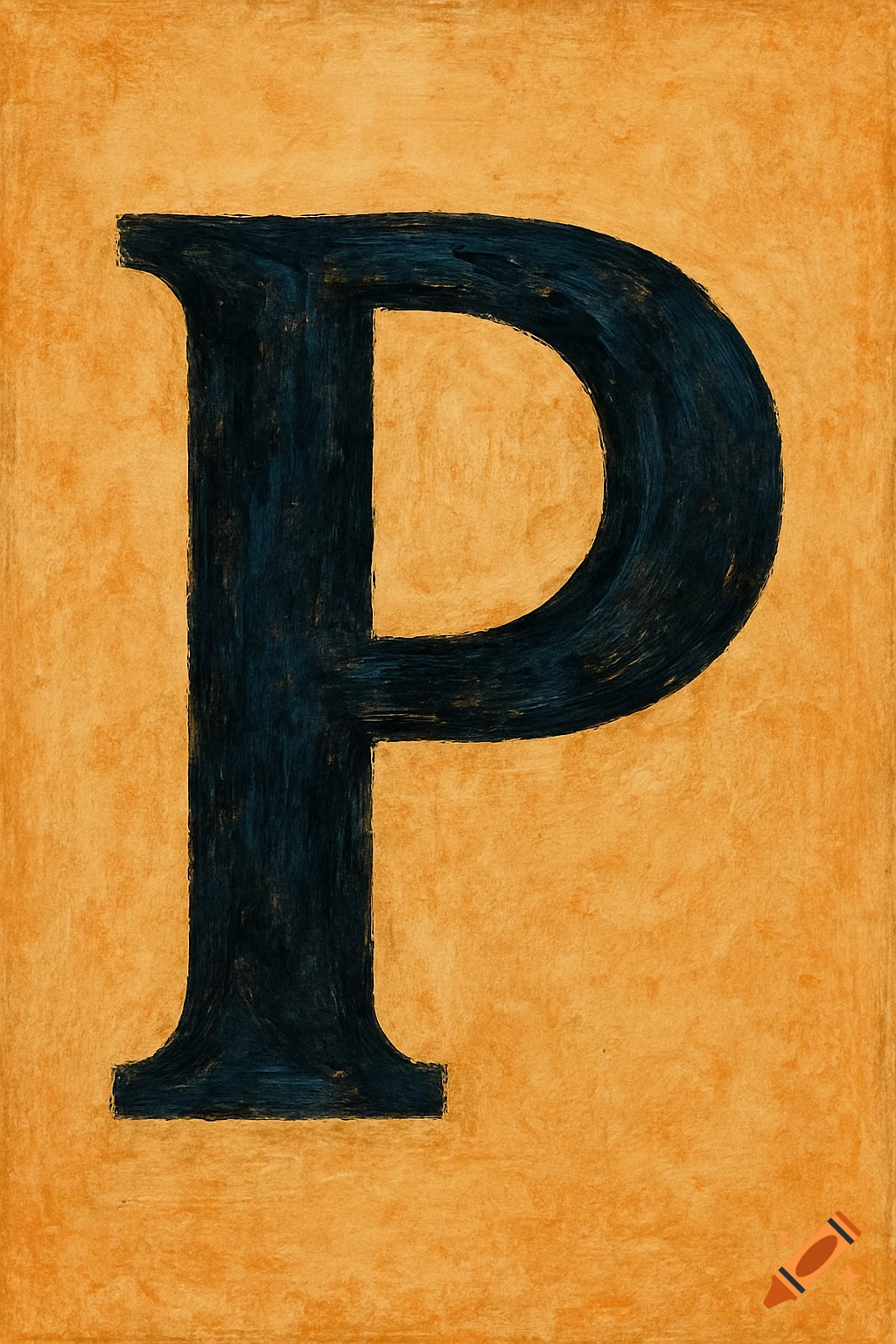 A large dark blue letter P on a textured orange background.