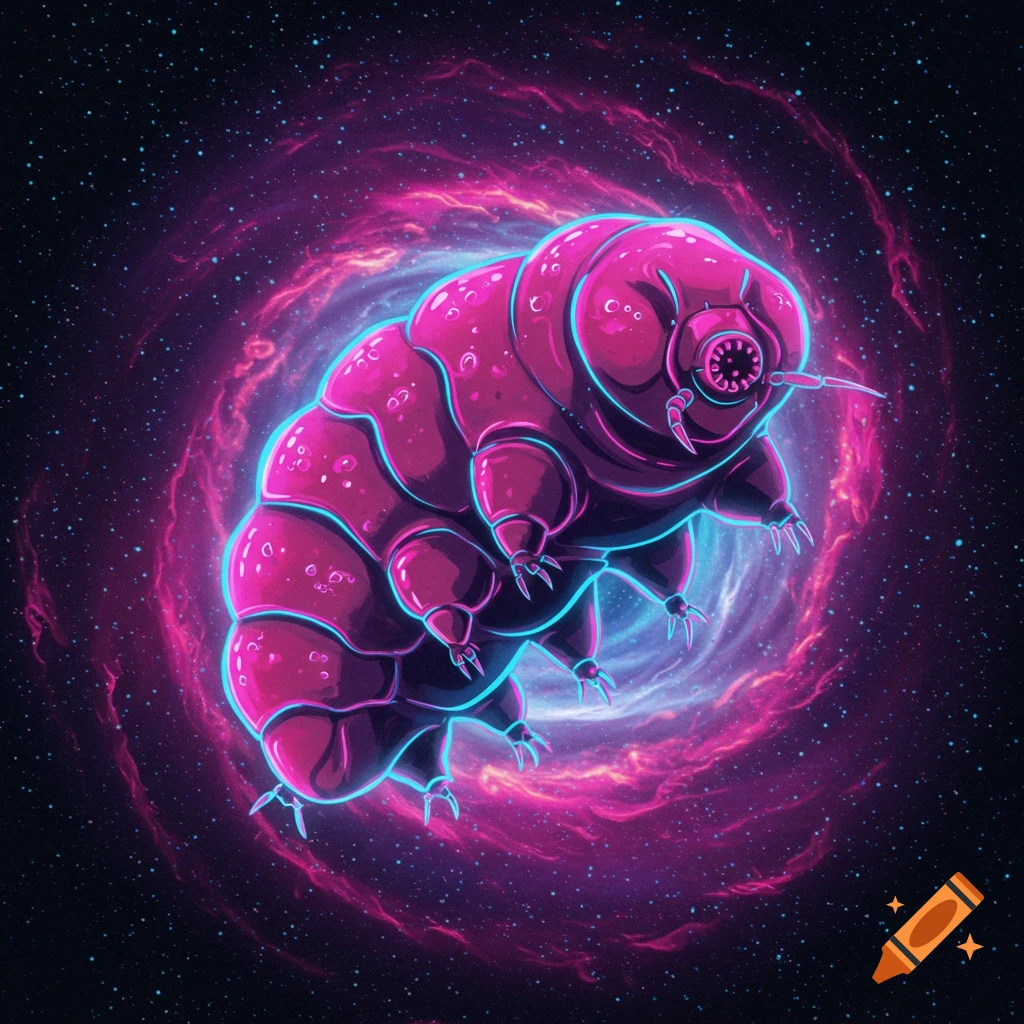 A pink tardigrade floating in a neon purple and pink galaxy.