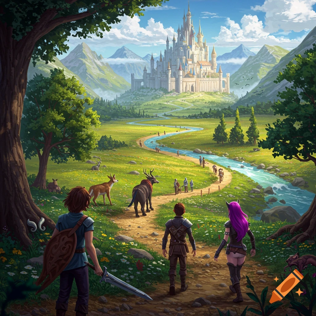 Fantasy characters walking towards a distant castle in a valley.
