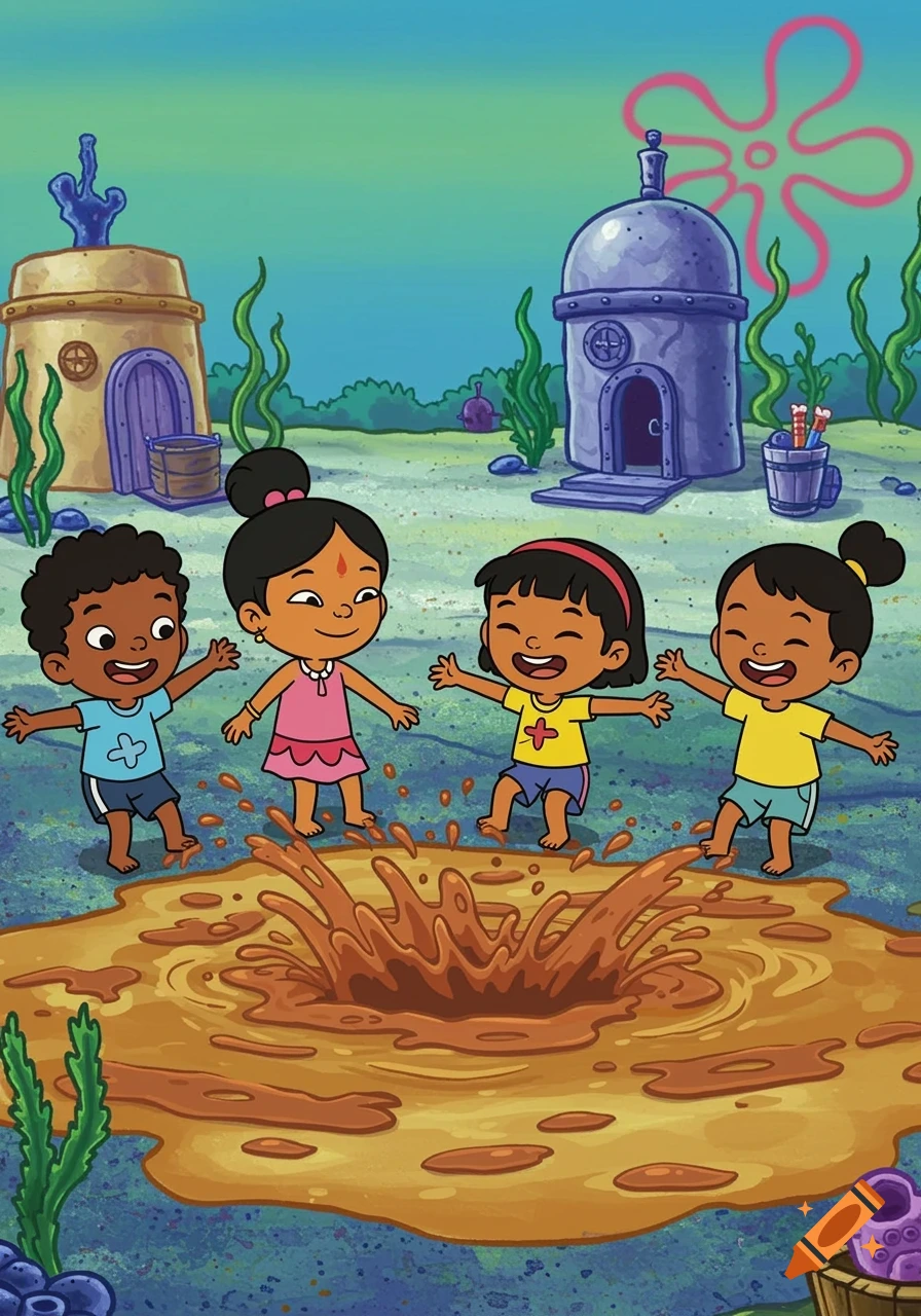 Cartoon image of diverse children splashing in a mud puddle underwater.