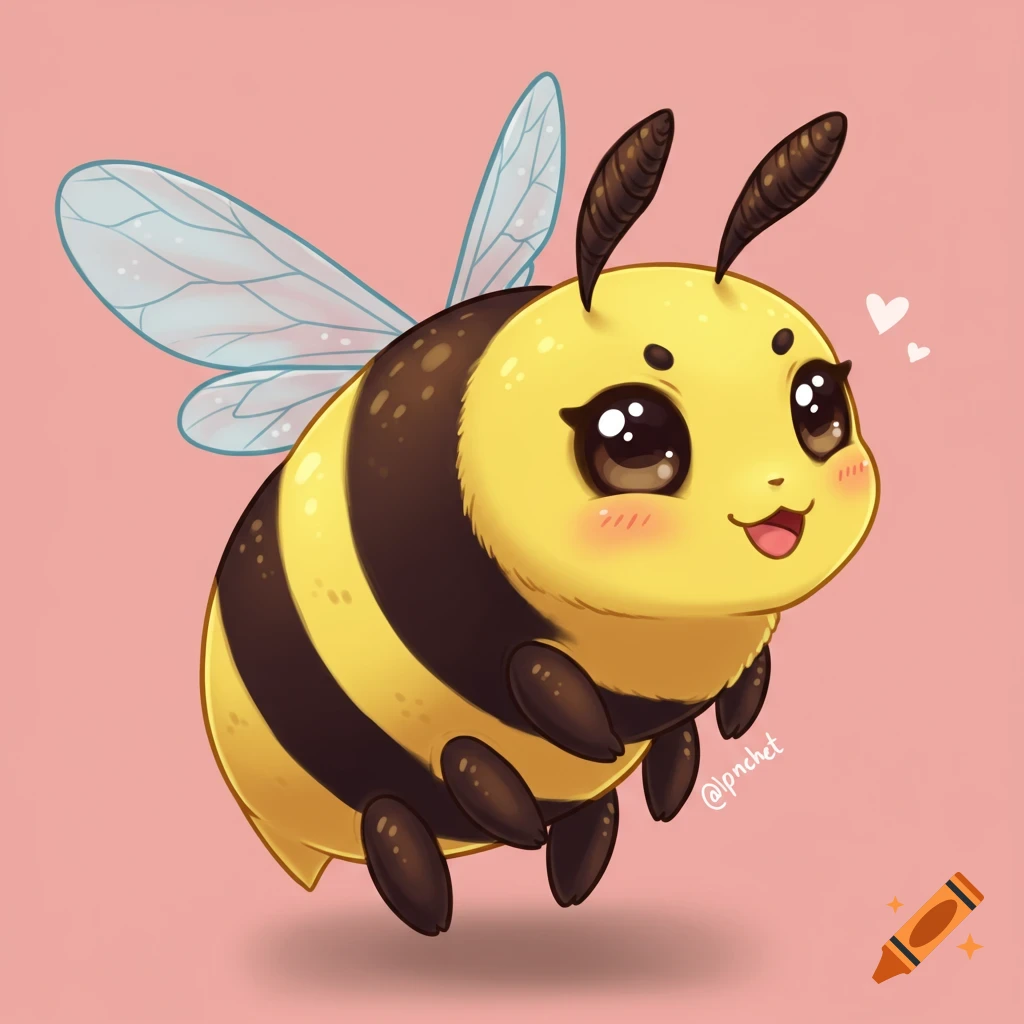 A cute cartoon chibi bee flying on a pink background.
