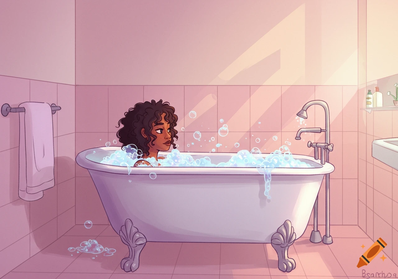 A person with curly hair takes a bubble bath in a claw-foot tub in a bathroom.
