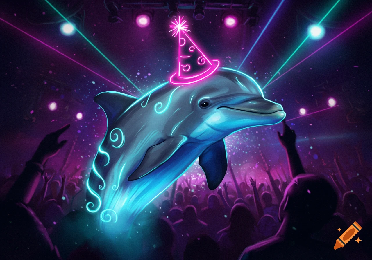 A dolphin wearing a party hat at a rave, surrounded by glowing lights and a silhouetted crowd.