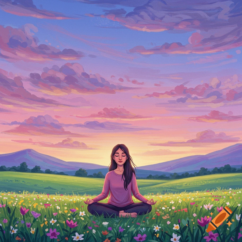 A person meditating in a flower field under a colorful sunset sky.