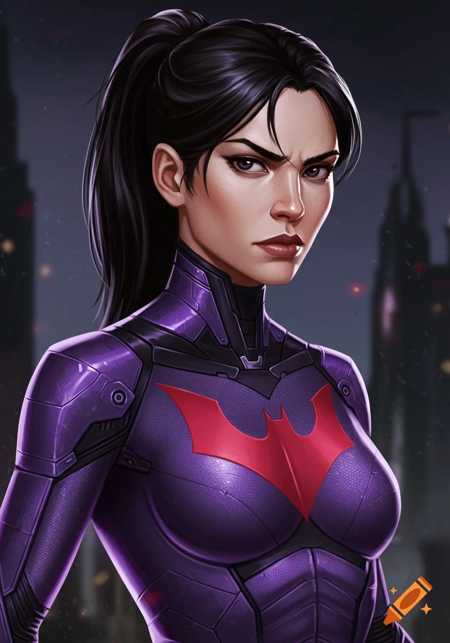 A woman in a purple superhero suit with a red bat logo and dark hair tied back, looking angry.