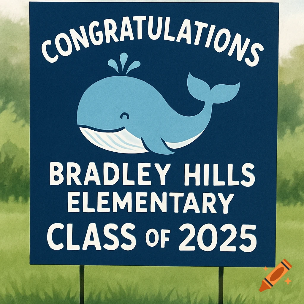 A blue yard sign with a cartoon whale and text that reads 'Congratulations Bradley Hills Elementary Class of 2025'.