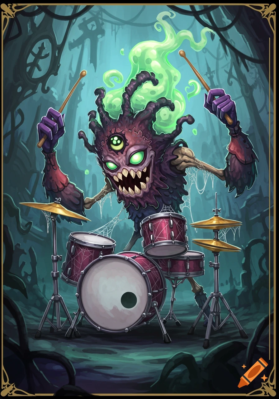 A stylized, multi-eyed monster with purple arms and green glowing hair plays a drum kit in a dark, swampy setting.