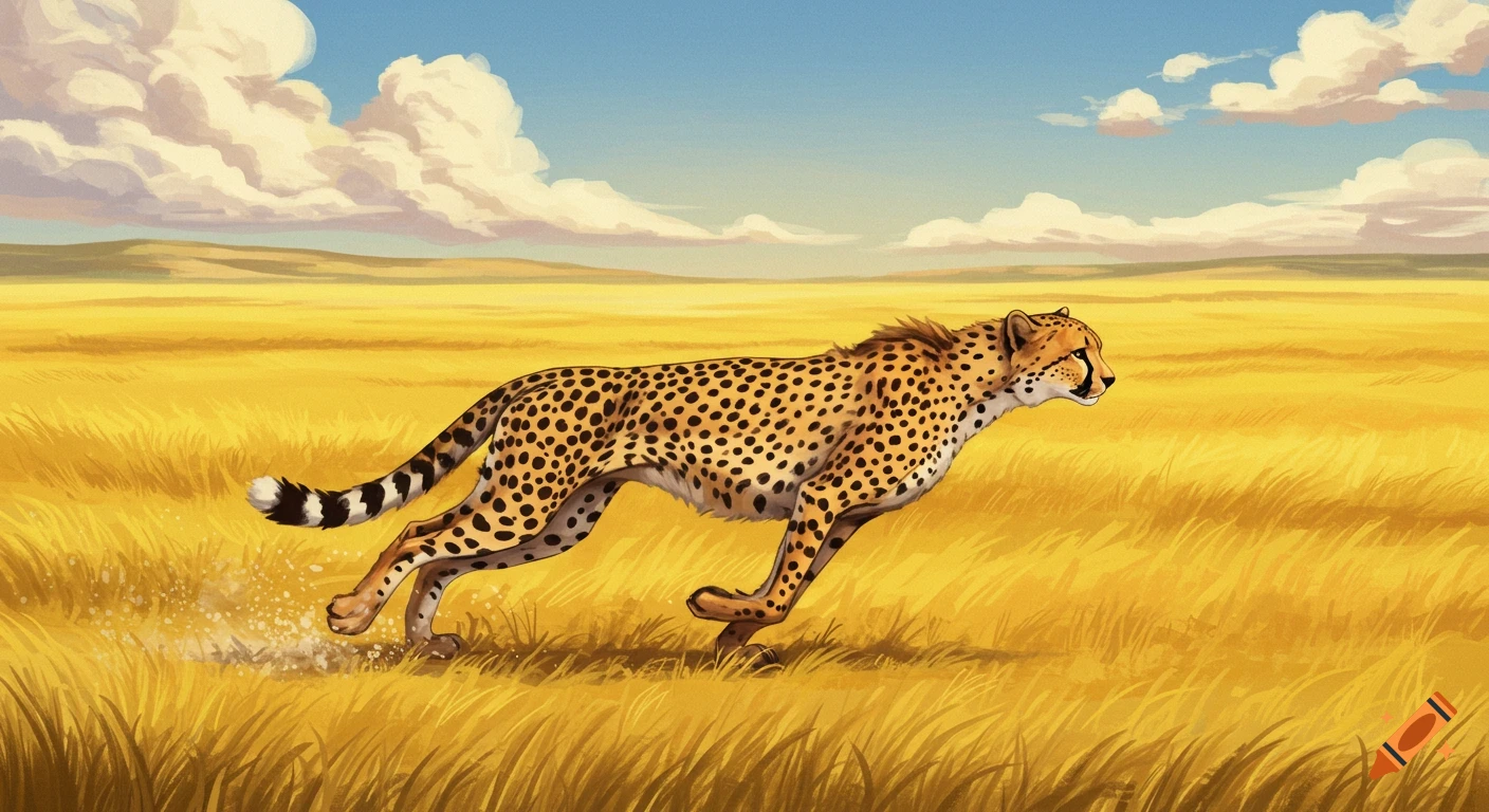 A cheetah running through a vast golden grassland under a cloudy blue sky.