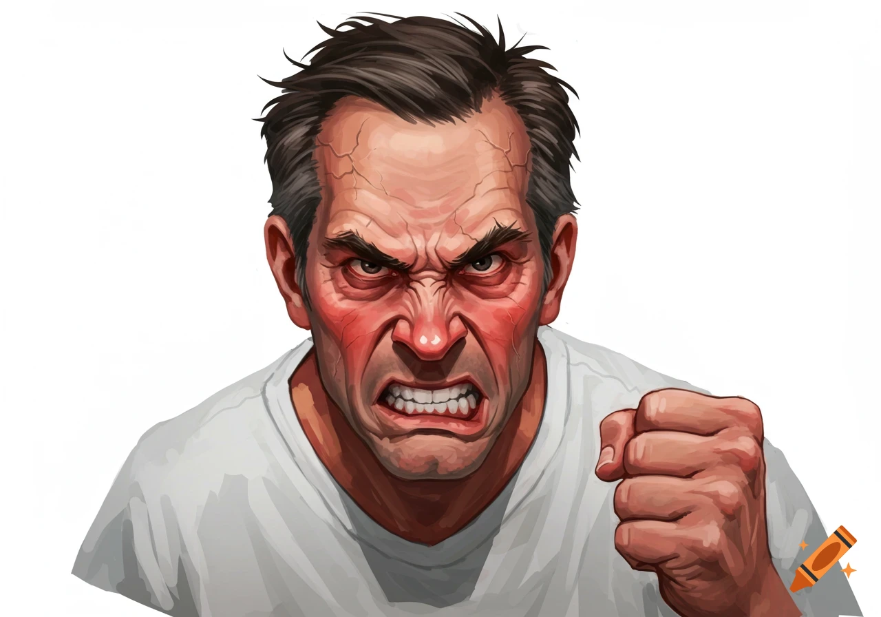 A very angry man's face with a raised fist.