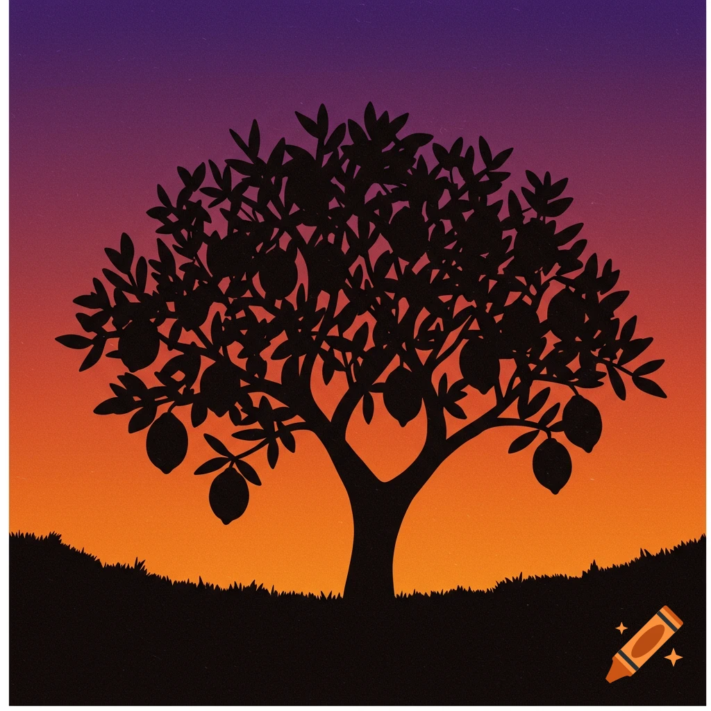Silhouette of a lemon tree against an orange and purple gradient sunset.