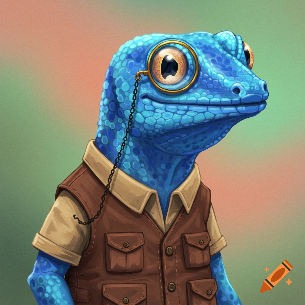 A blue gecko wearing a monocle and safari vest