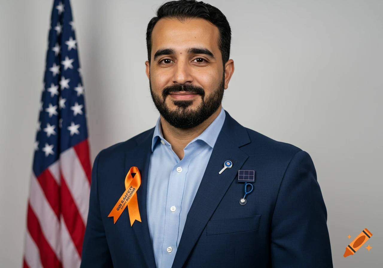 Portrait of a man in a suit with an American flag background, wearing a gun safety ribbon and pins.