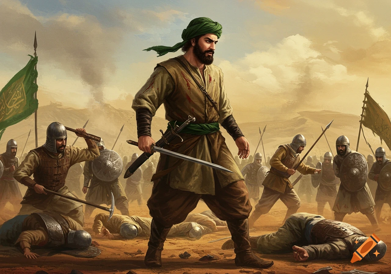 A warrior stands with a sword in a desert battle scene surrounded by soldiers and fallen foes.
