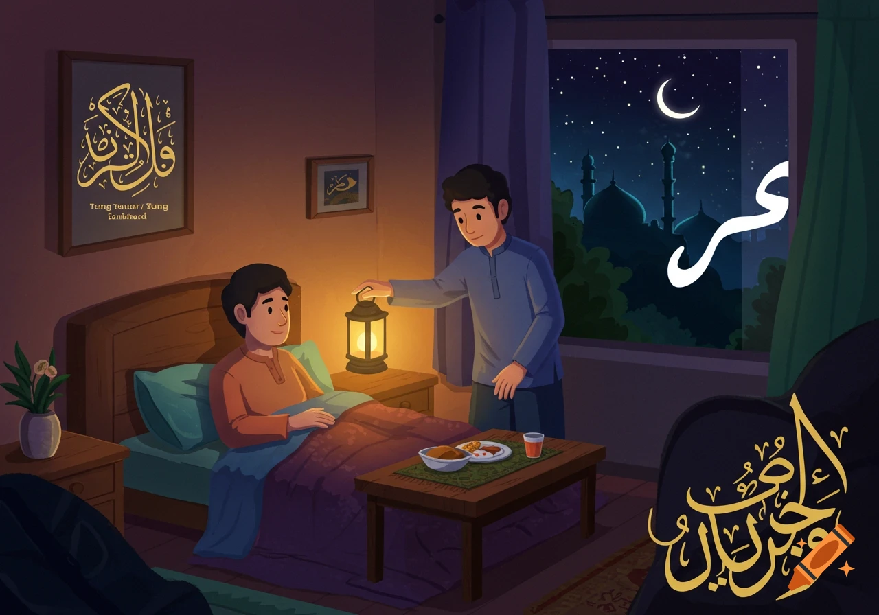 Two men are in a room at night. One man sits in bed while the other offers a lamp. Food is on a table. A window shows a mosque and crescent moon.