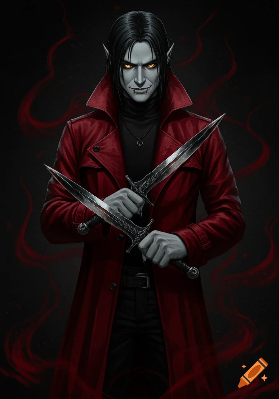 A black-haired vampire in a red trench coat holds two daggers.