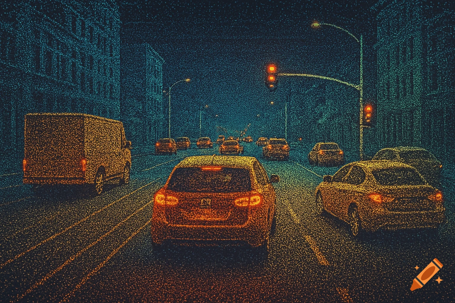 Urban street scene at night with traffic, rendered in a LiDAR point cloud style.
