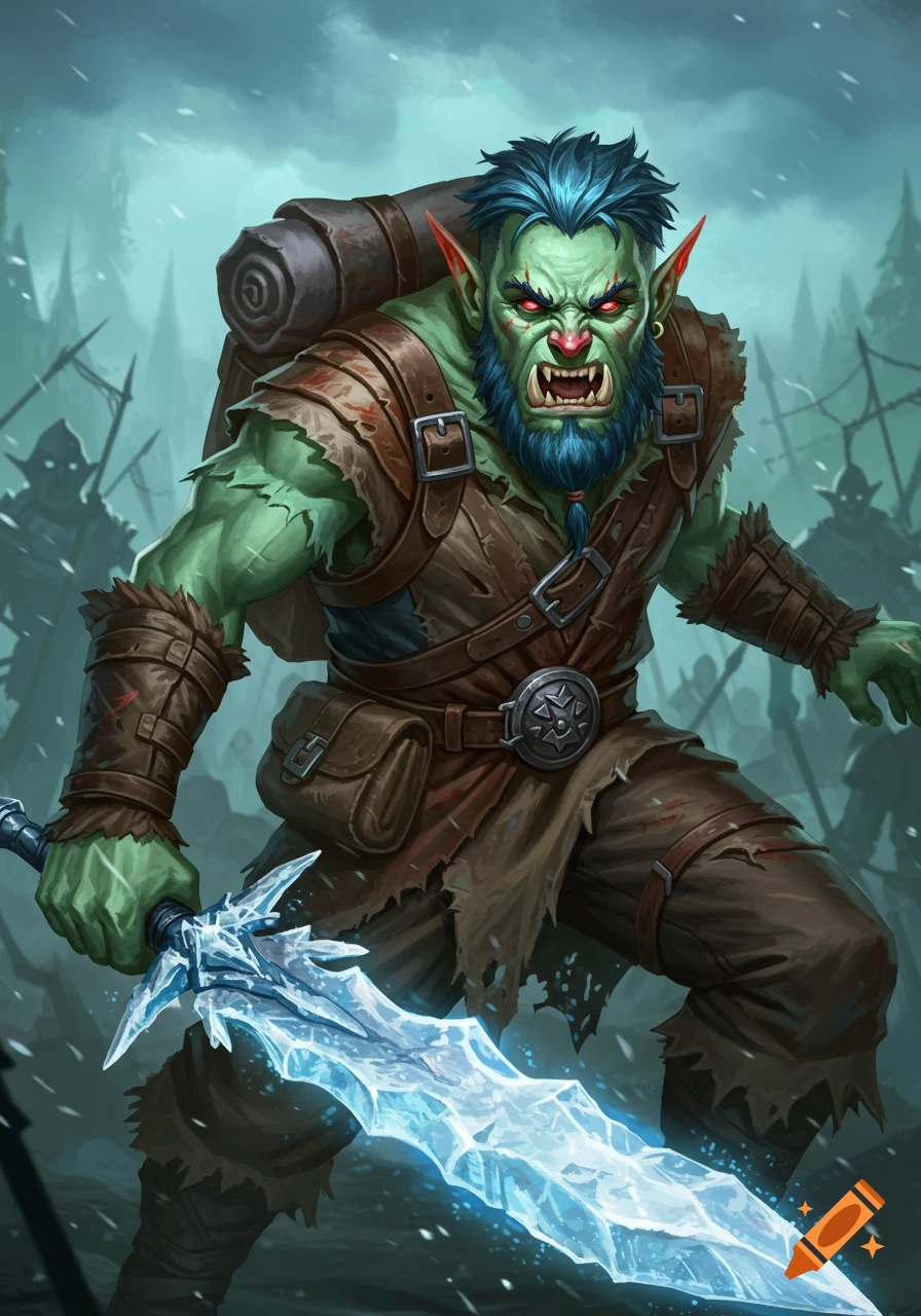 An orc warrior stands with an icy sword and backpack in a snowy battle.