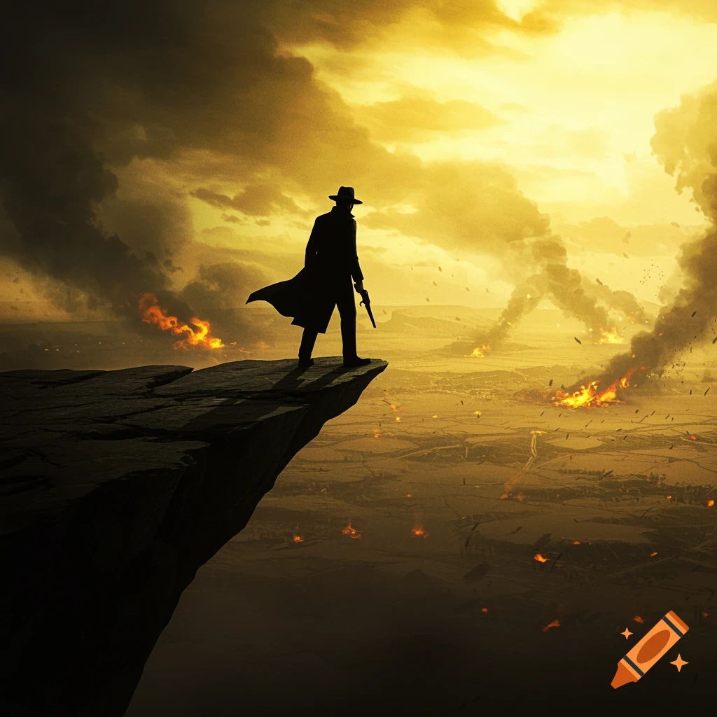 Silhouette of a man in a hat and coat stands on a cliff edge overlooking a desolate landscape with fires and smoke.