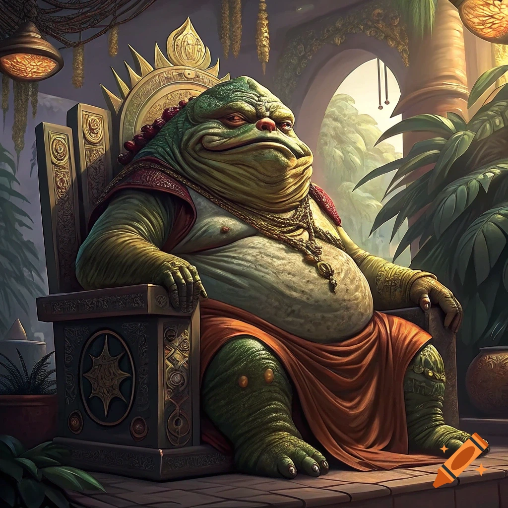 A large, green, alien creature resembling Jabba the Hutt sits on an elaborate throne in a lush setting.