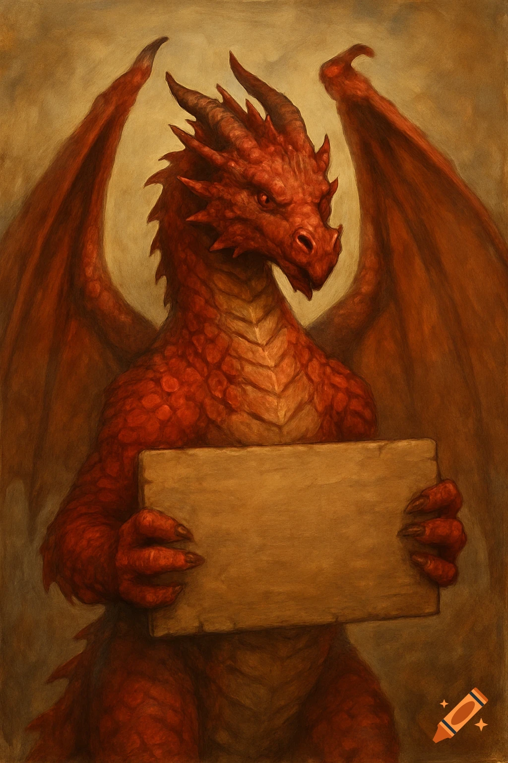 A red dragon holds a blank sign.
