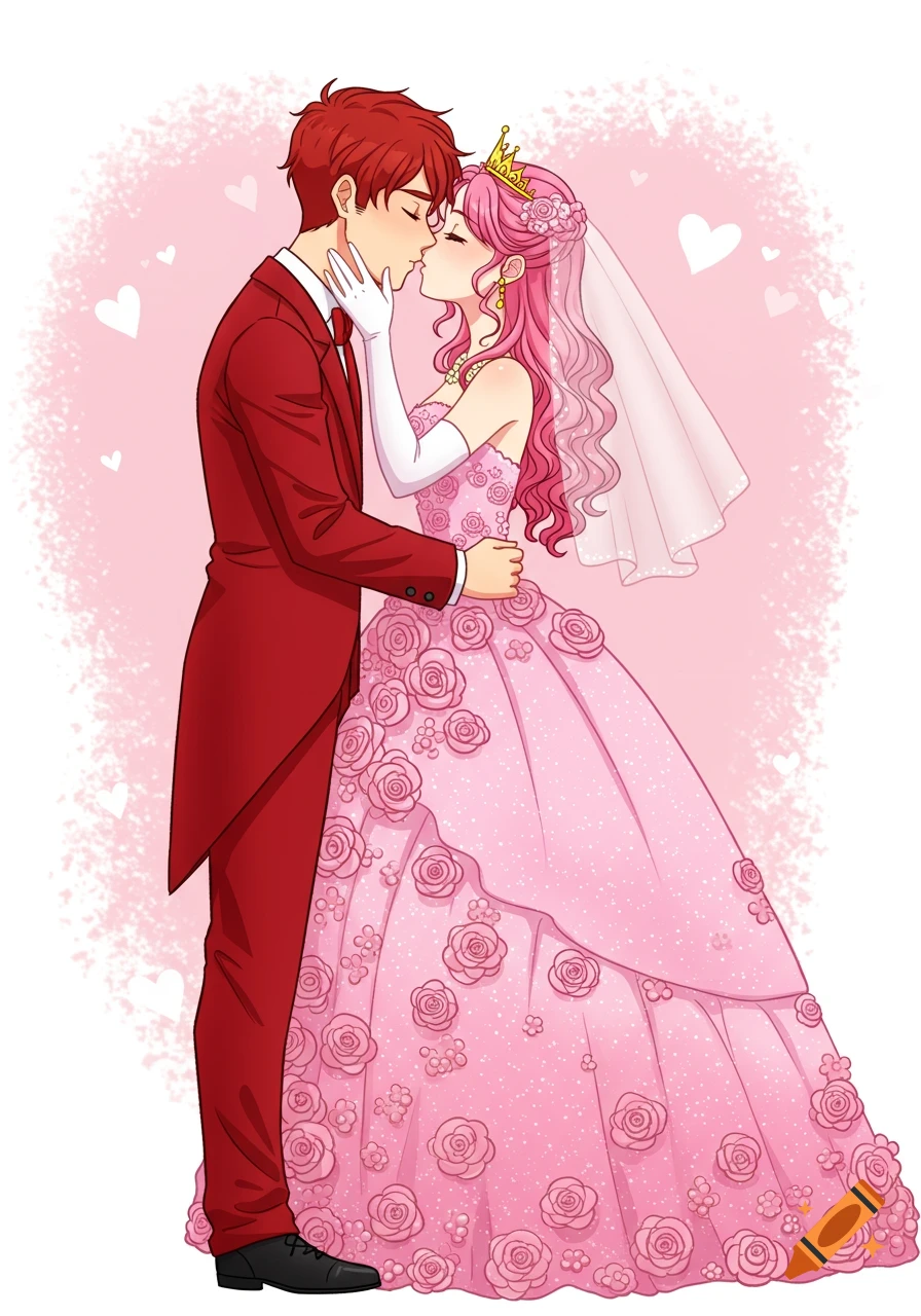 Anime style illustration of a couple kissing at a wedding.