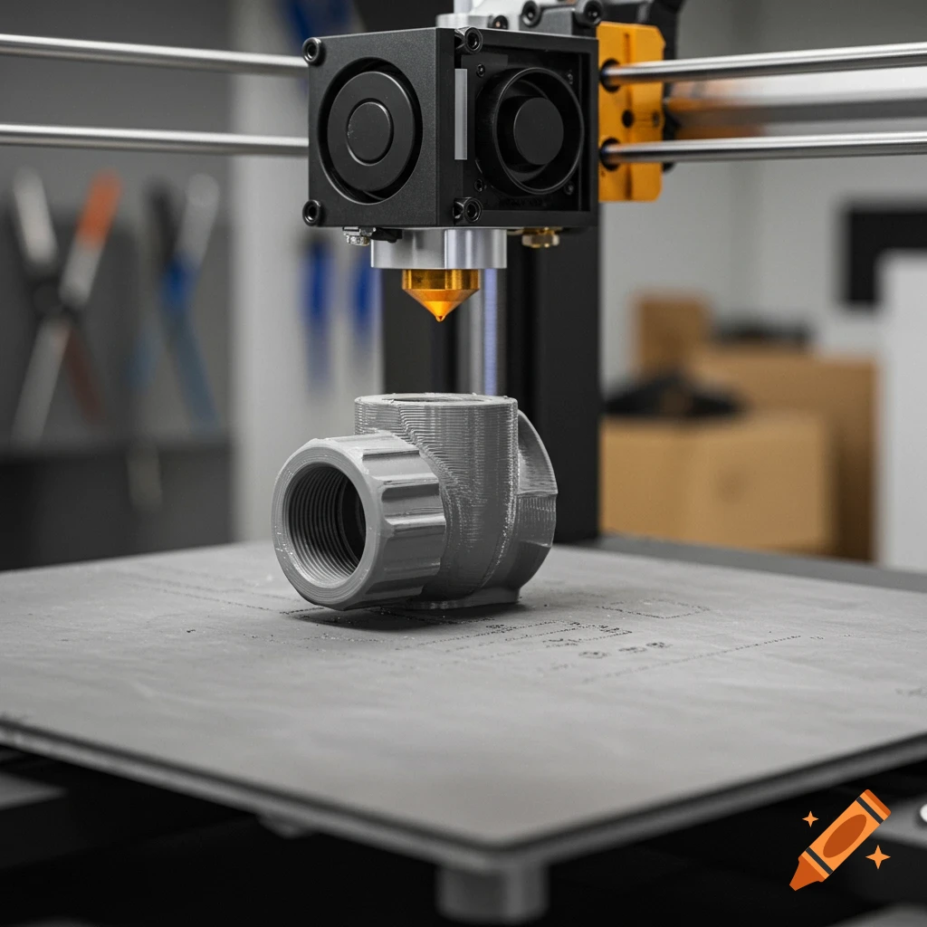Photorealistic image of a 3D printer nozzle above a grey printed object on the print bed