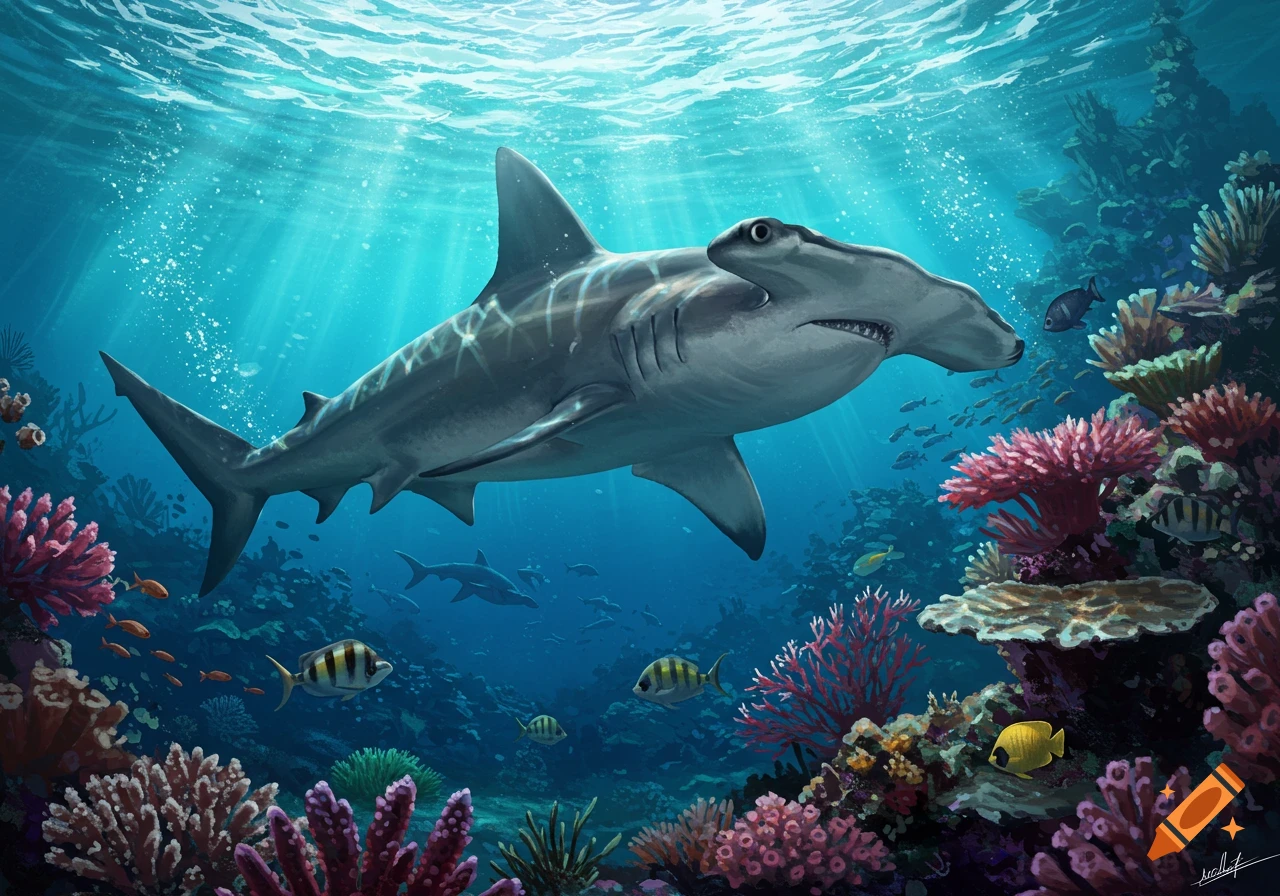 A hammerhead shark swims among coral reefs with light rays from the surface.